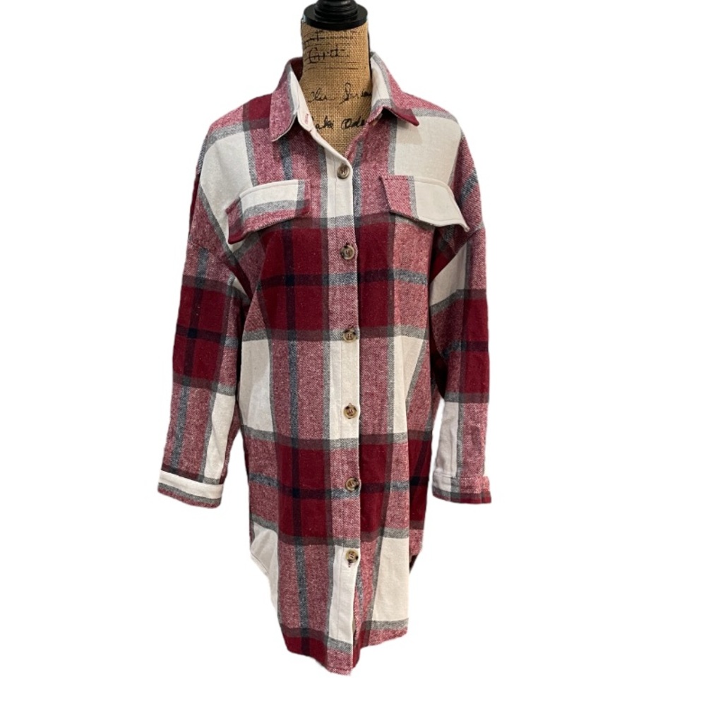 SHEIN Essence Plaid Print Drop Shoulder Flap Pocket Long Shirt